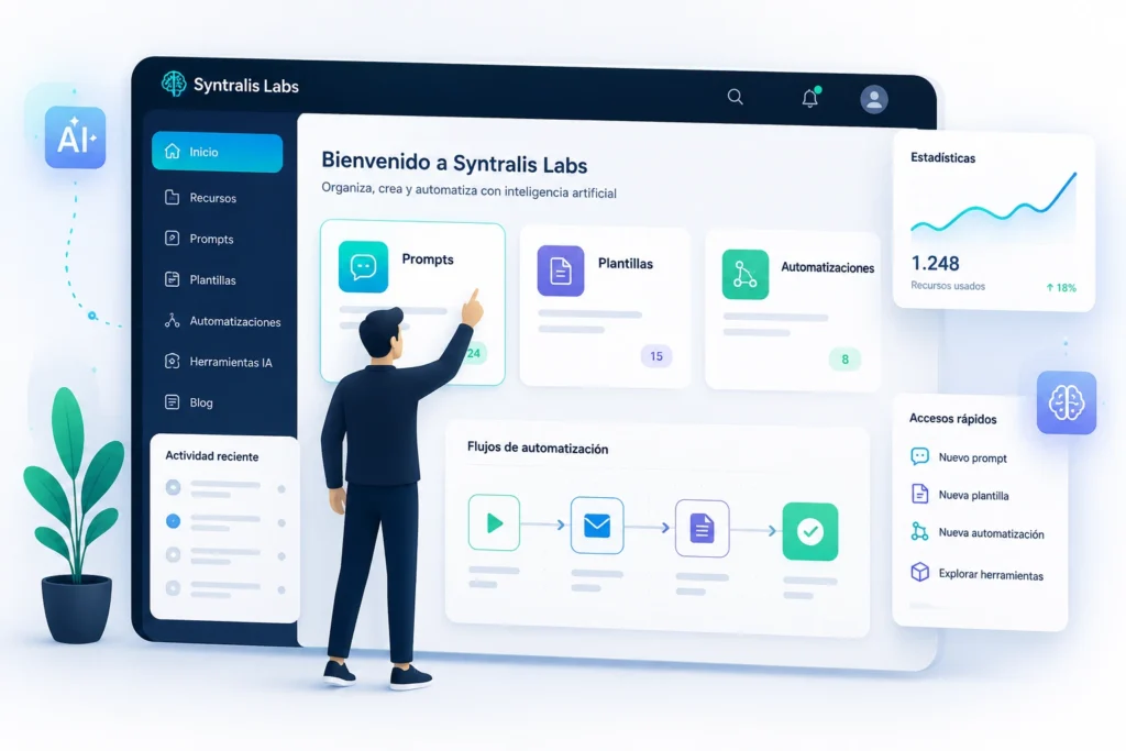 Syntralis Labs es una plataforma en español de inteligencia artificial, automatización y productividad creada para ofrecer recursos prácticos, prompts, plantillas y guías aplicables.