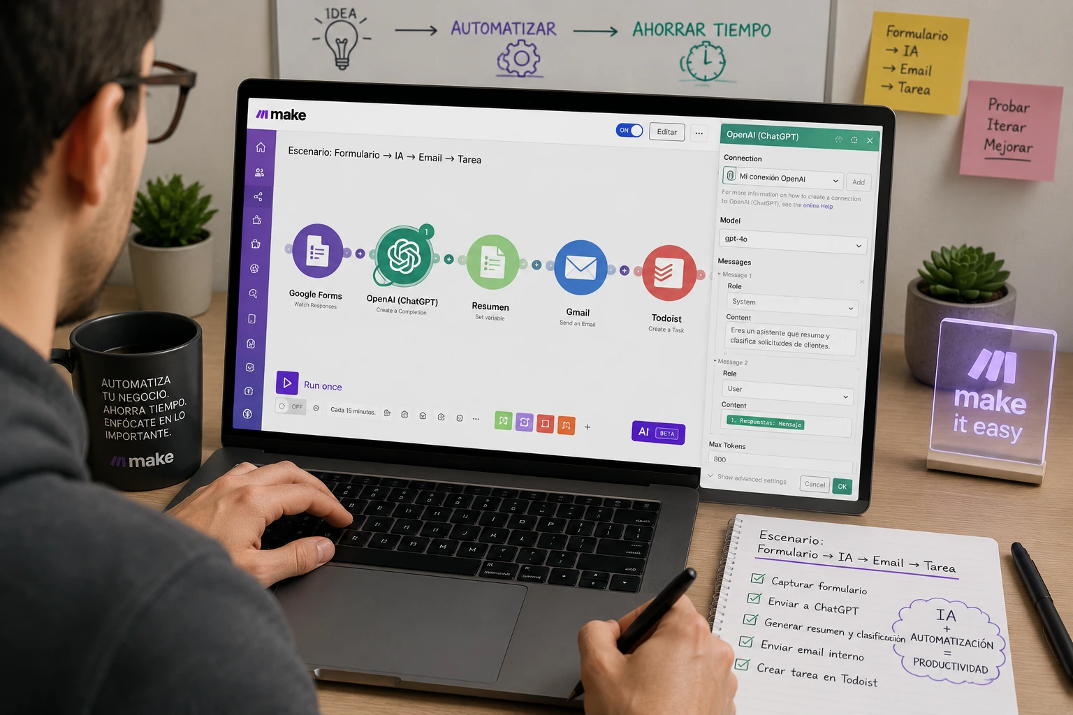 Persona creando un escenario en Make con inteligencia artificial y revisión humana